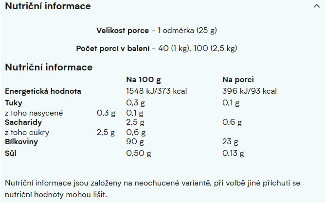 utriční informace Impact Whey Isolate